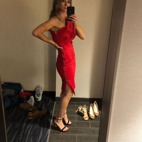 Red Scuba One Shoulder Dress - Picture 6 of 9